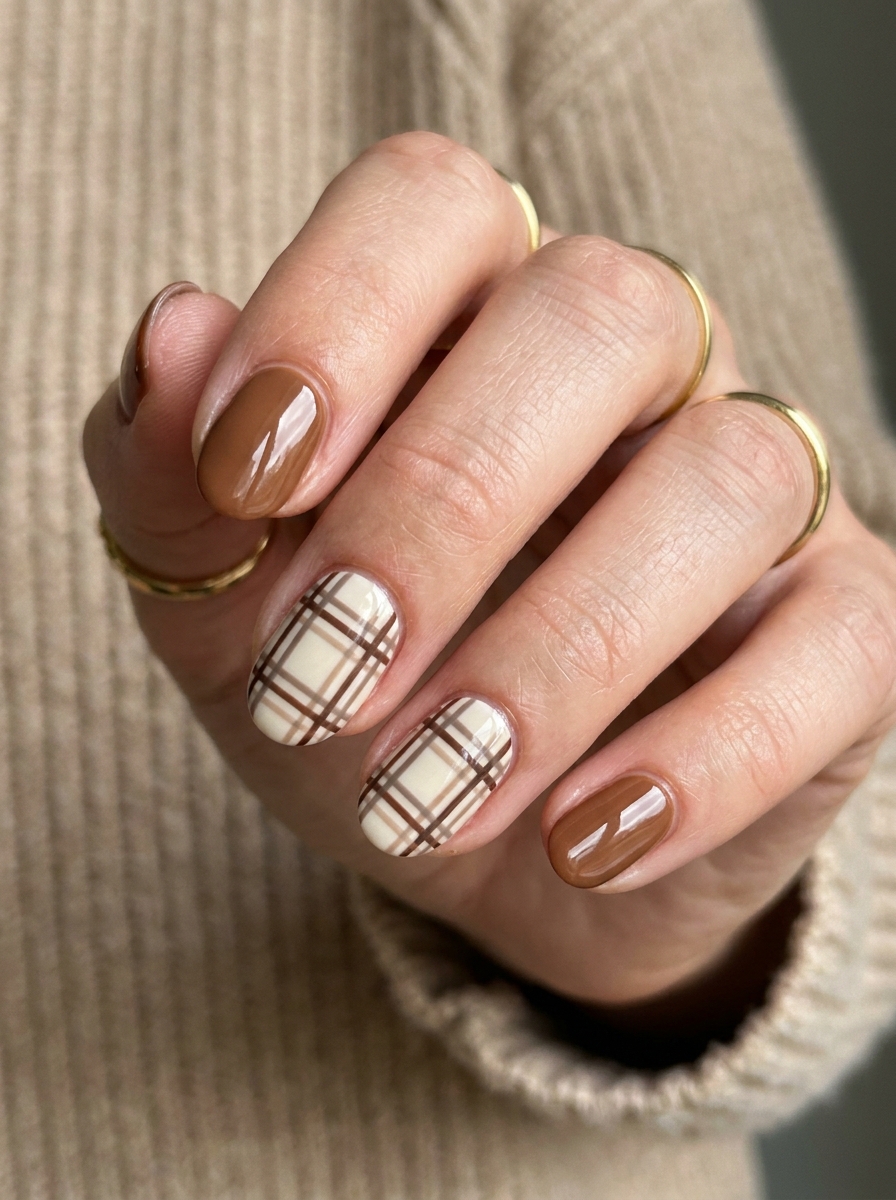 Brown Plaid Accent Nails – gepflegte Nagelidee 2026